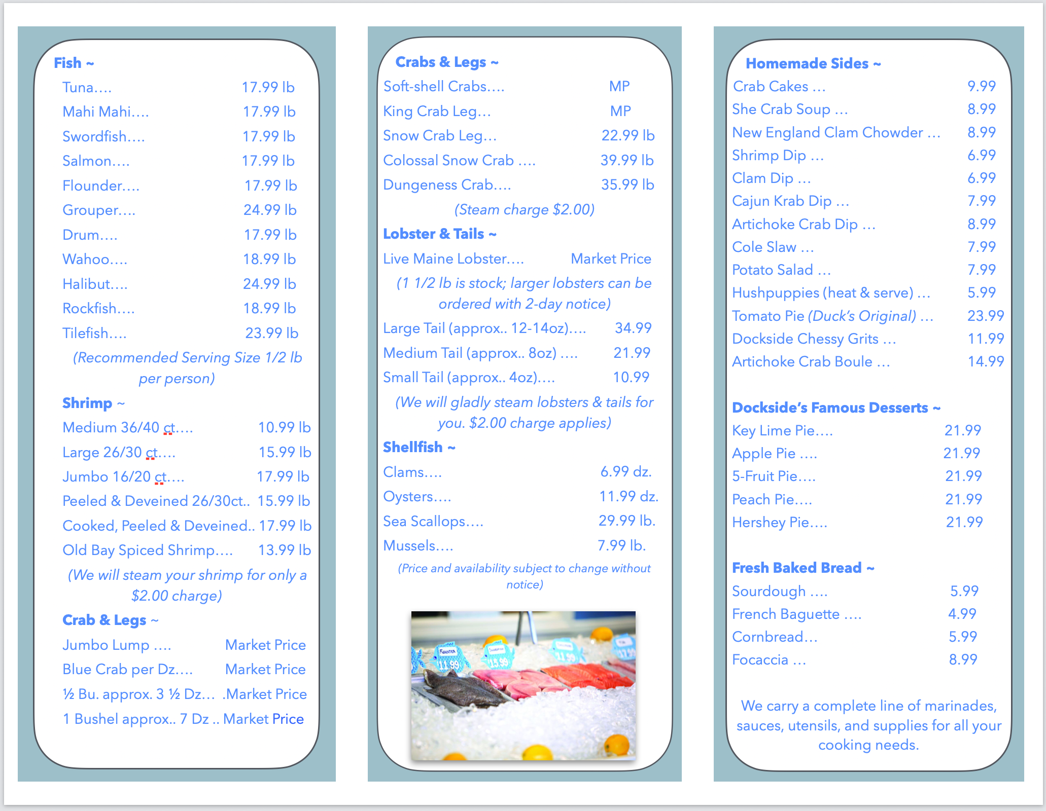 Dockside N Duck seafood menu — fish, crabs, lobster, and shellfish with pricing